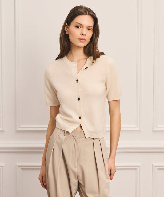 Cashmere Short Sleeve Sweater with Novelty Button