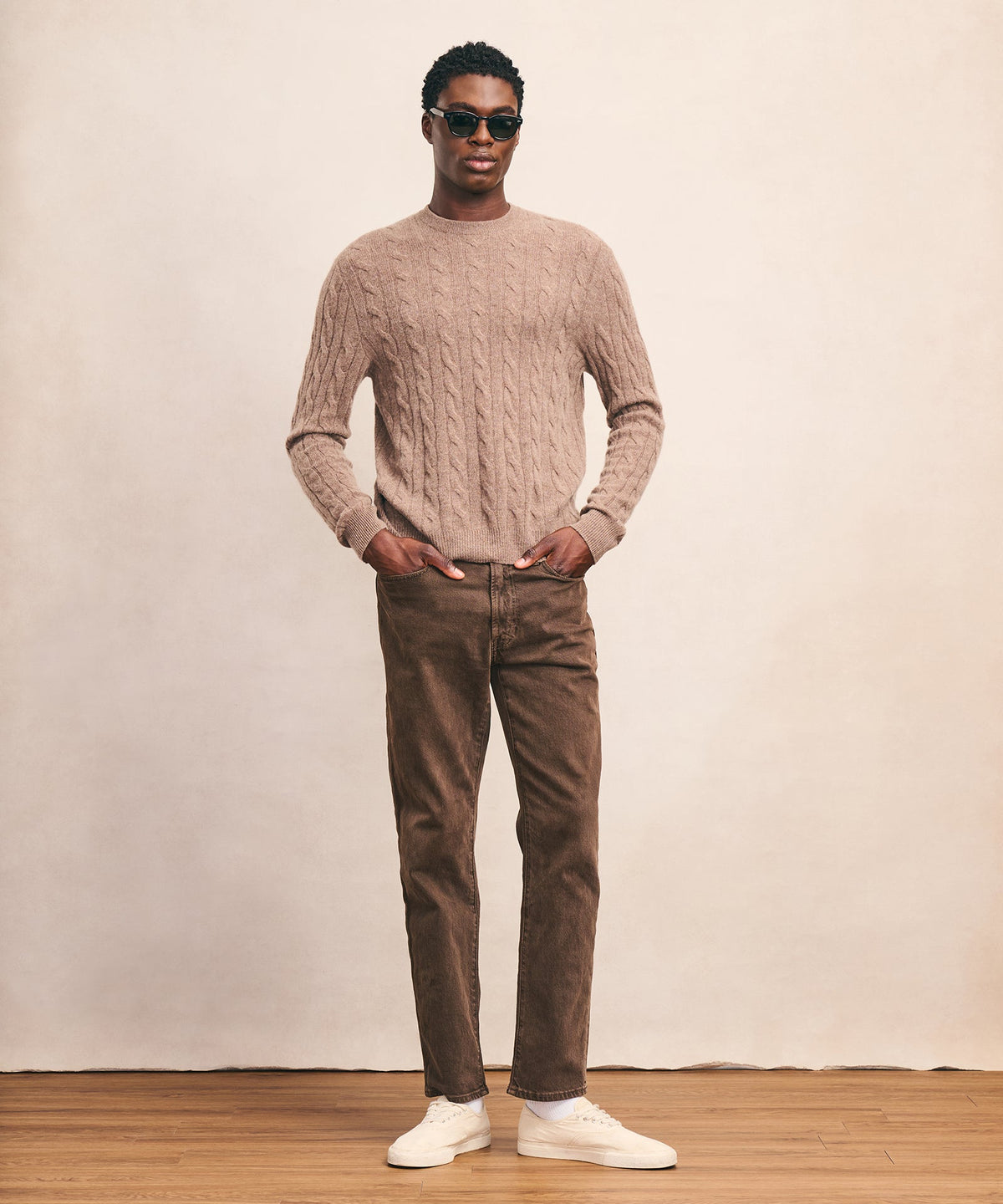 Lightweight Cashmere Cable Crewneck Sweater
