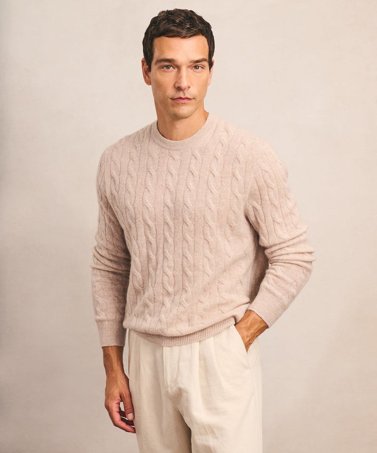 Lightweight Cashmere Cable Crewneck Sweater