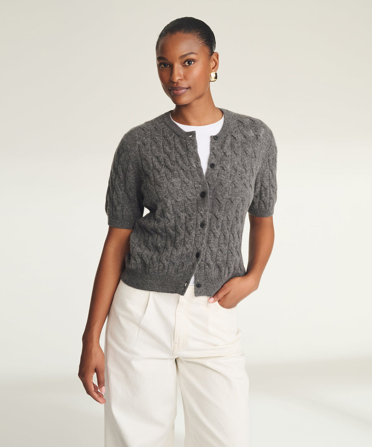Lightweight Cashmere Cable Short Sleeve Cardigan