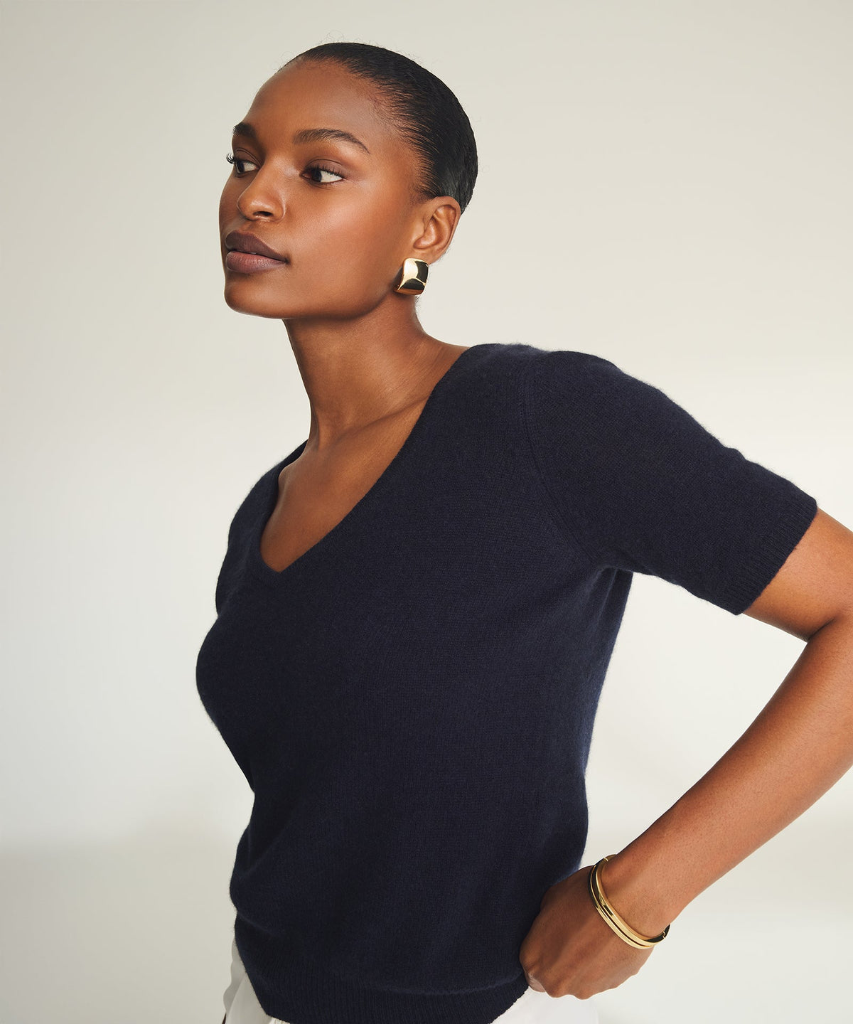 Lightweight Cashmere Short Sleeve V-Neck Sweater