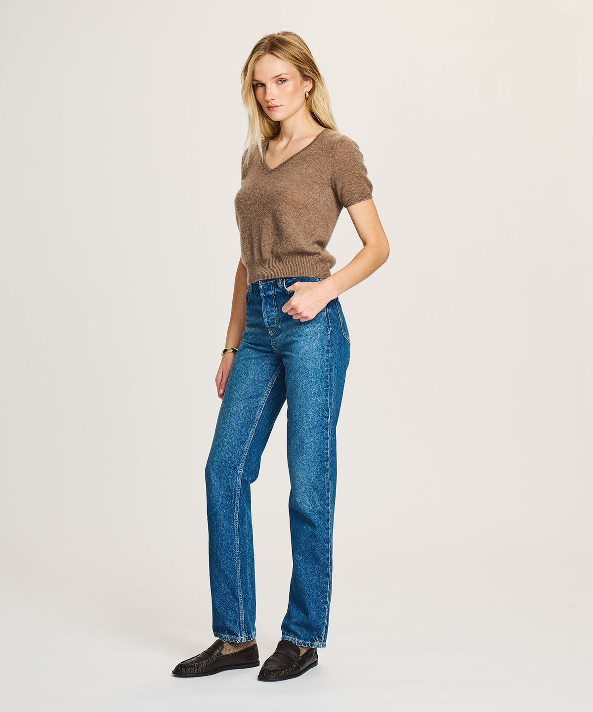 Lightweight Cashmere Short Sleeve V-Neck Sweater