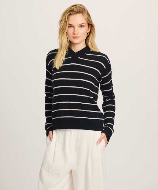Lightweight Cashmere Striped High V-Neck Sweater