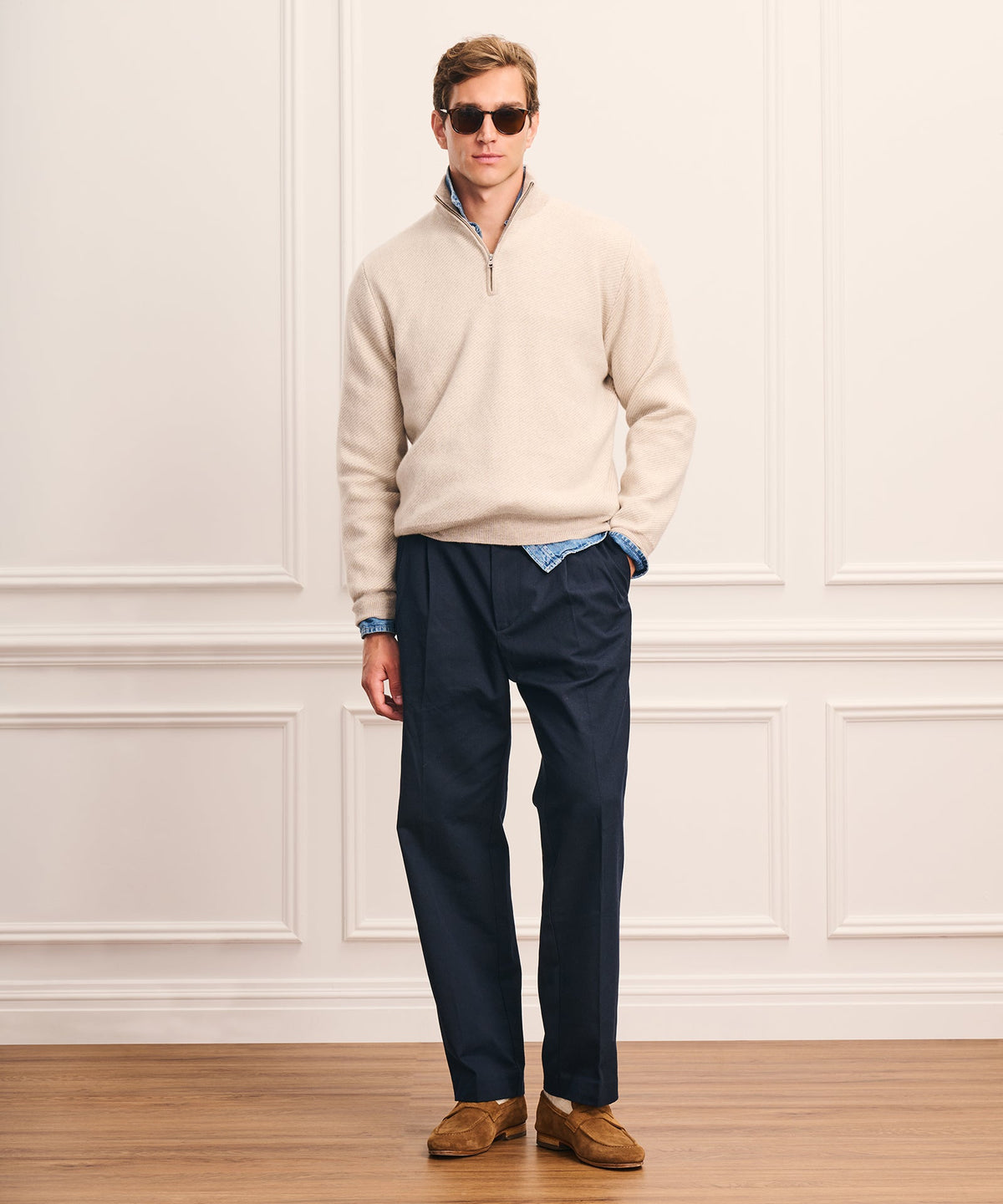 Luxe Cashmino Twill Jacquard Quarter Zip Sweater