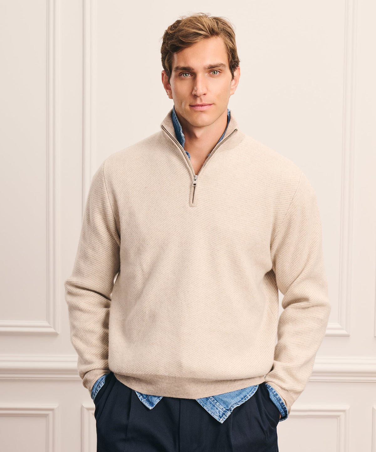 Luxe Cashmino Twill Jacquard Quarter Zip Sweater