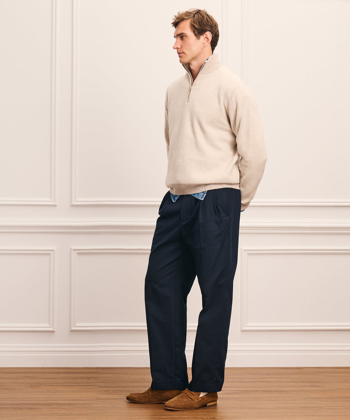 Luxe Cashmino Twill Jacquard Quarter Zip Sweater