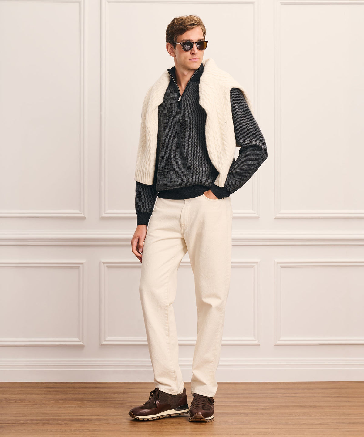 Luxe Cashmino Twill Jacquard Quarter Zip Sweater