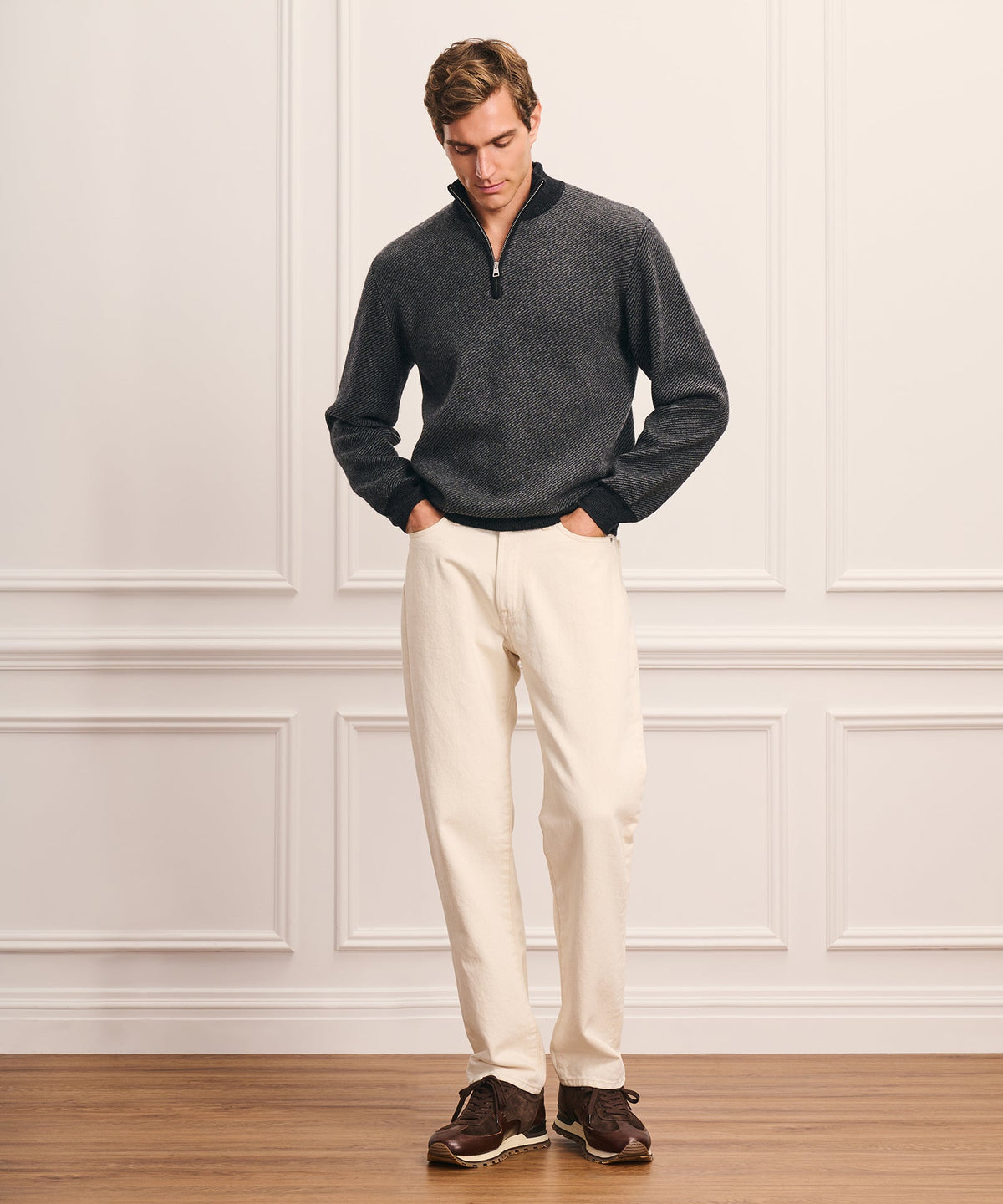 Luxe Cashmino Twill Jacquard Quarter Zip Sweater