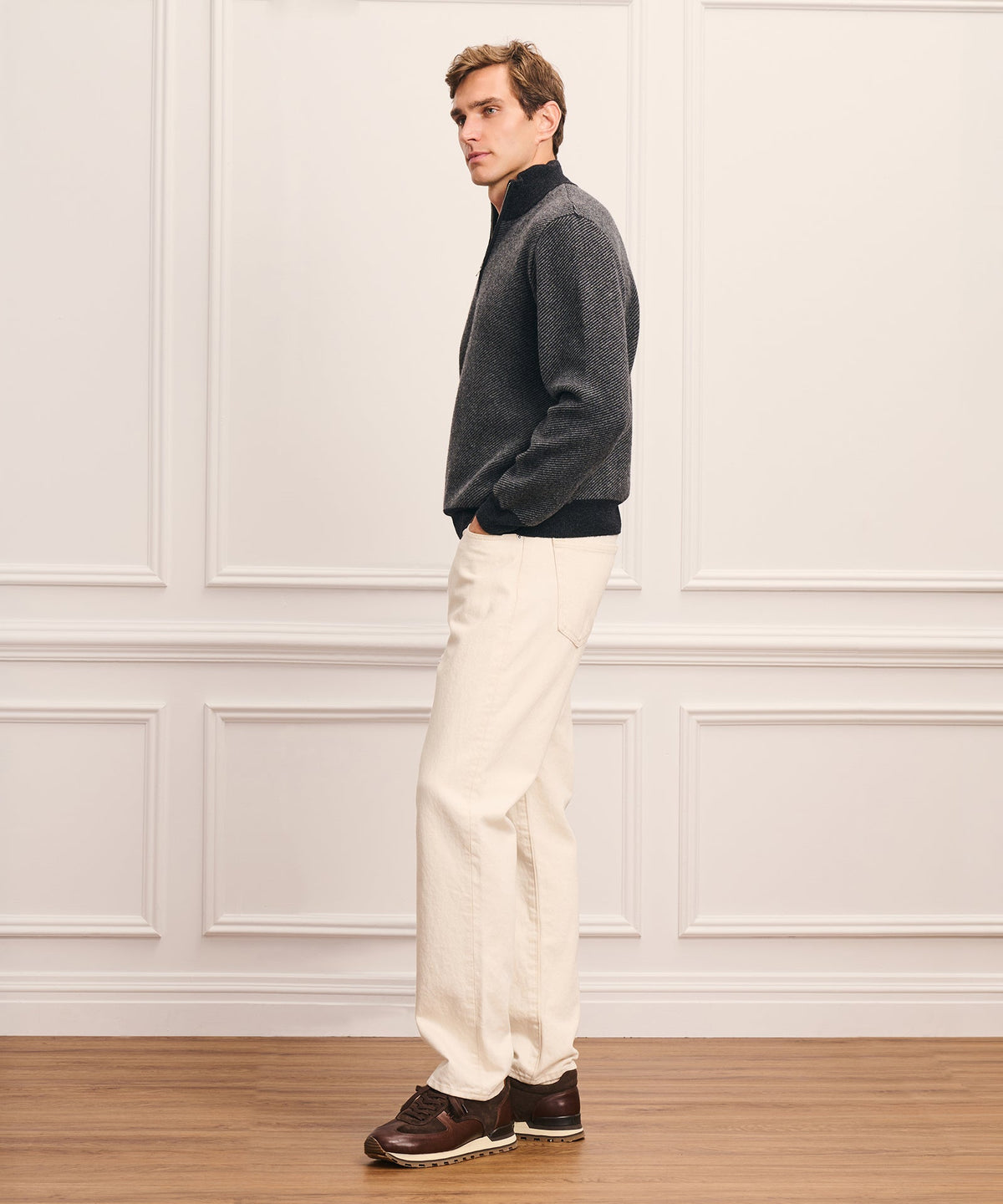 Luxe Cashmino Twill Jacquard Quarter Zip Sweater