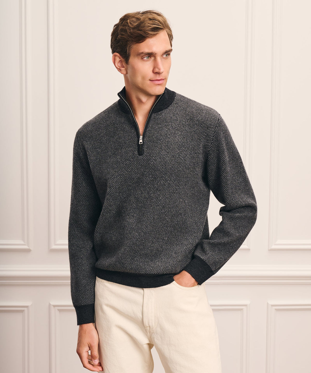 Luxe Cashmino Twill Jacquard Quarter Zip Sweater
