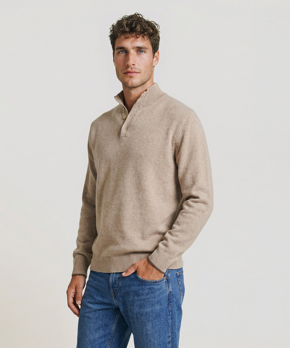 Cashmere Quarter Button Down Sweater with Contrast Trim