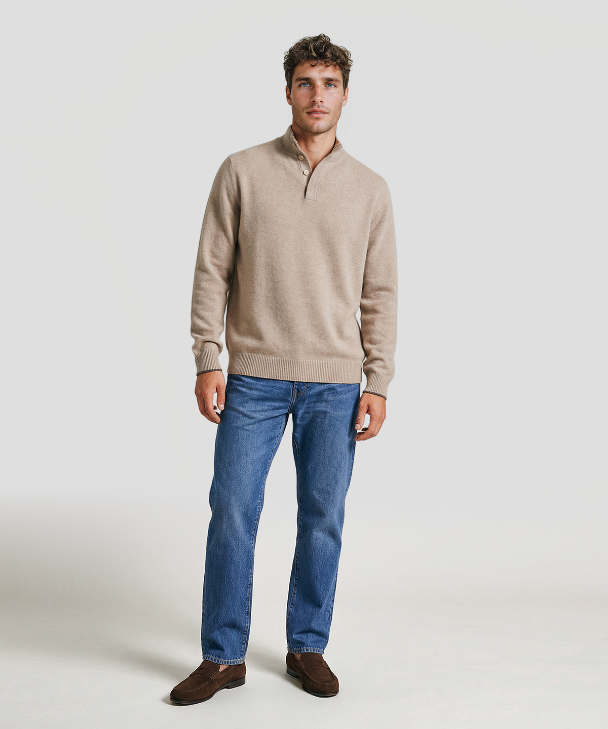 Cashmere Quarter Button Down Sweater with Contrast Trim