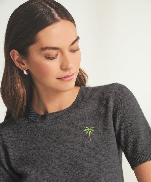 Women's Palm Tree Lightweight Cashmere Short Sleeve Sweater