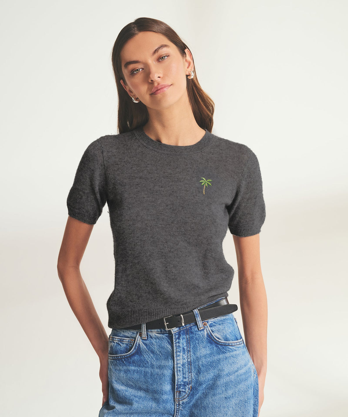 Women's Palm Tree Lightweight Cashmere Short Sleeve Sweater