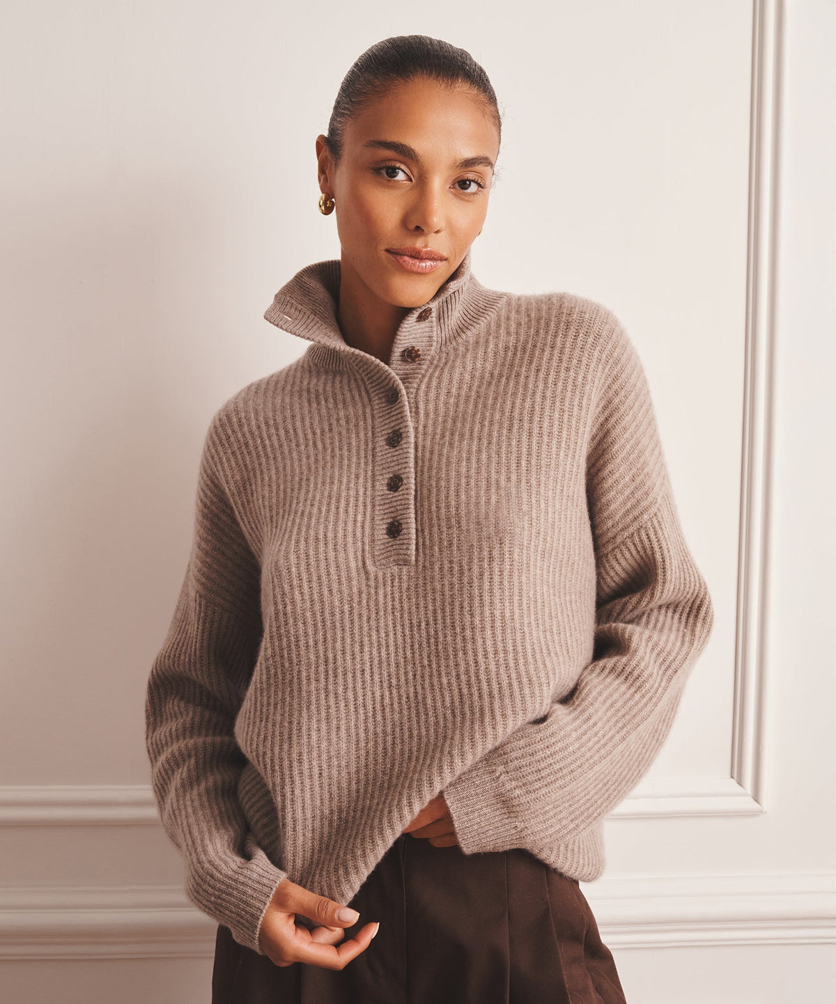Luxe Cashmere High Neck Henley Sweater